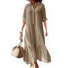 Akivide Women's Khaki Linen-Blend Long Sleeve Button-Down Maxi Dress, Collared Shirt Dress with Ruffled Hem, Loose Casual Spring Summer Long Dresses view 1