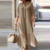 Akivide Women's Khaki Linen-Blend Long Sleeve Button-Down Maxi Dress, Collared Shirt Dress with Ruffled Hem, Loose Casual Spring Summer Long Dresses view 2