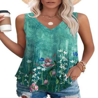 OFEEFAN Floral Tops for Women Tank Tops Women Casual Summer Tops for Women Floral Teal L