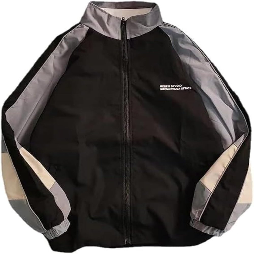 Pbkabiug Vintage Women Jackets Hip Hop Style Patchwork Windbreak Unisex Streetwear Lightweight Jackets Bomber Jackets (Black grey,XXL,XX-Large)