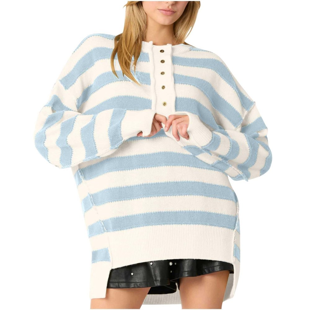 Womens Oversized Sweaters Striped Long Sleeve Pullover Casual Loose Knit Sweater Jumper Fashion Teen Girls Y2K Tops Light Blue