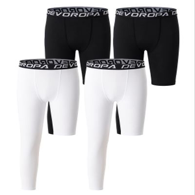 DEVOROPA 4 Pack Youth Boys' One Leg Compression Pants 3/4 Basketball Tights for Sports Base Layer Leggings Black/Black/White/White XL