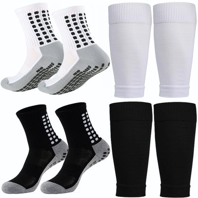 2 Set Soccer Grip Socks,Shin Guard Sleeves for Football Basketball for Men and Women One Size (2 Set (Black+White))