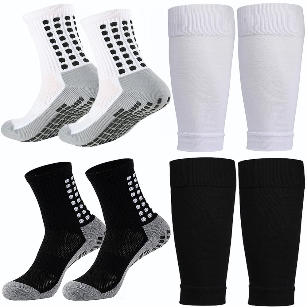 2 Set Soccer Grip Socks,Shin Guard Sleeves for Football Basketball for Men and Women One Size (2 Set (Black+White))