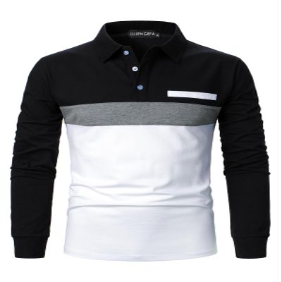 LUJENGEFA Mens Polo Shirts Long Sleeve Casual Color Block Golf Polo T Shirt Stylish Contrast Collar Cotton Tops for Men Long Sleeve Black+Grey+White XX-Large