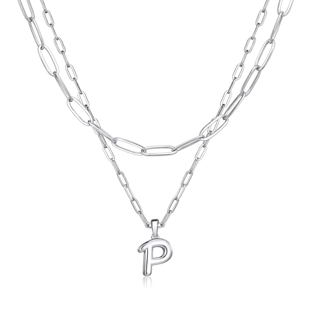 adoyi Bubble Letter Necklace Silver Balloon Initial Necklace for Women Trendy - 18K Gold Plated Layered Bubble Letter P Alphabet Pendant Locket Necklace Stack Set Name Personalized Jewelry Gift
