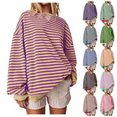 asntrgd 2024 Womens Oversized Sweatshirts 2024 Fall Striped Color Block Pullover Tops Casual Hoodies Long Sleeve Y2k Outfits