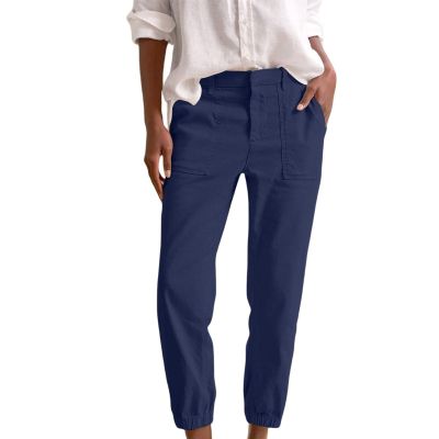 Lolvmvchi ,Linen Ankle Pants for Women Casual Elastic High Waisted Business Pants Vacation Bermuda Pants with Pockets,Navy,X-Large
