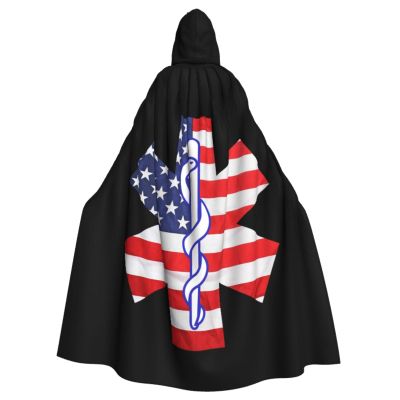 HYYTNHJSD EMS Star of Life EMT Paramedic Medic American Flag Hooded Cape Unisex Halloween Christmas Cape Costume Party Cape Black