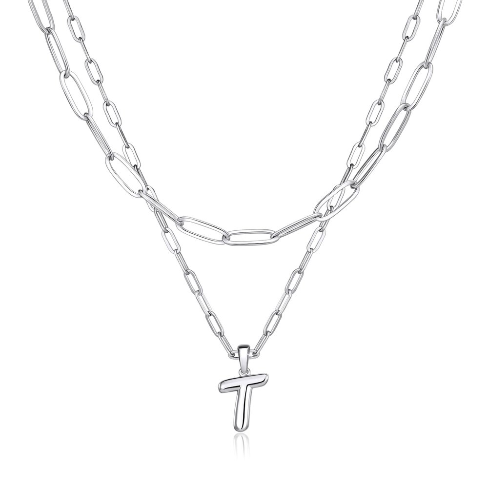 adoyi Valentines Day Gifts Silver Initial Necklace for Women 14k Gold Plated Layered Bubble Letter Necklaces Trendy Jewelry Chain Name T Pendant Necklace Stack Birthday Valentines Day Gifts