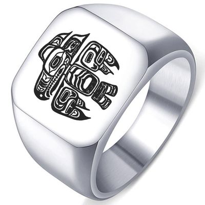 Dacai Solid Steel Engraved Tlingit Killer Whale Symbol Mens Womens Signet Ring Band