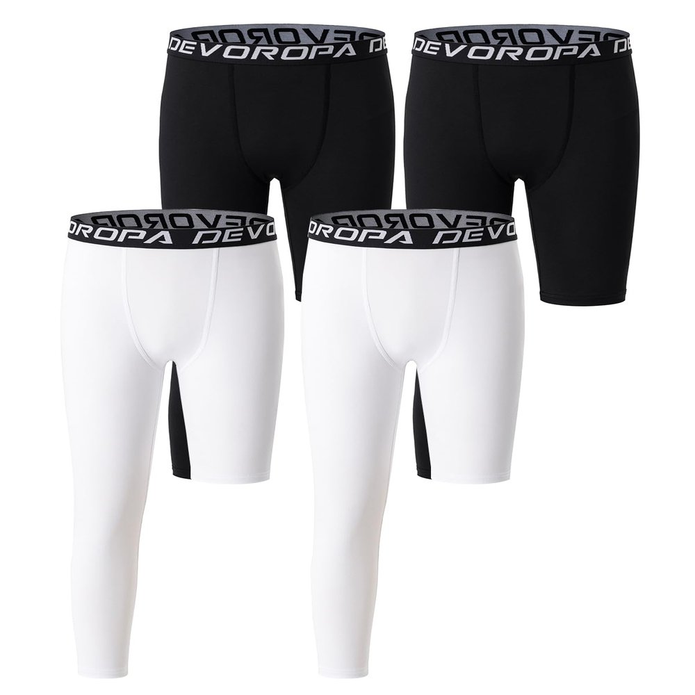 DEVOROPA 4 Pack Youth Boys' One Leg Compression Pants 3/4 Basketball Tights for Sports Base Layer Leggings Black/Black/White/White L