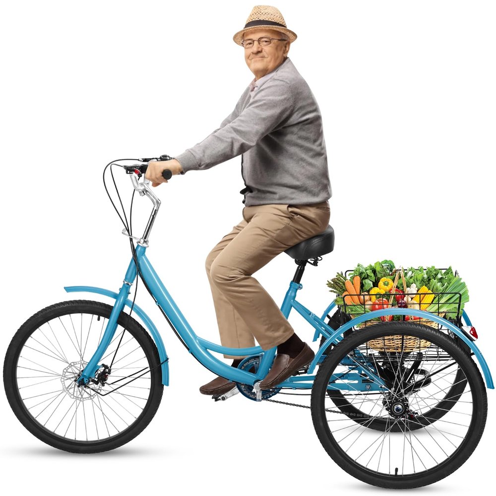 HEVIRGO Adult Tricycle,7 Speed Adult Trikes 24 inch 3 Wheel Bikes with Dual Chain,Cruiser Bike with Large Rear Basket for Seniors, Women, Men for Recreation, Shopping, Exercise 330lbs Atrovirens