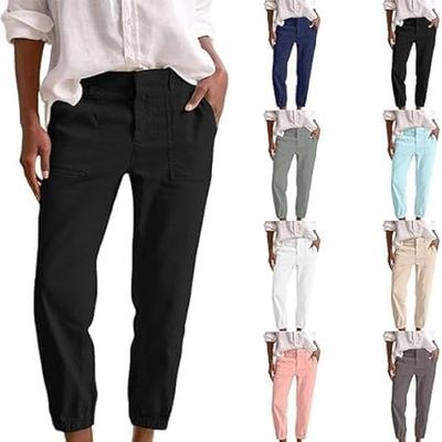 Lolvmvchi Deals of The Day Order MYS,Linen Ankle Pants for Women Casual Elastic High Waisted Business Pants Vacation Bermuda Pants with Pockets,Black,X-Large