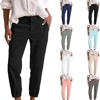 Lolvmvchi Deals of The Day Order MYS,Linen Ankle Pants for Women Casual Elastic High Waisted Business Pants Vacation Bermuda Pants with Pockets,Black,X-Large