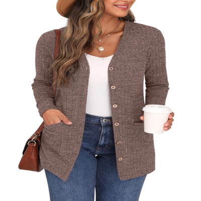 GRECERELLE Women Cardigan Long Sleeve Open Front Button Down V Neck Ribbed Knit Lightweight Sweater Outerwear with Pocket S, Pink