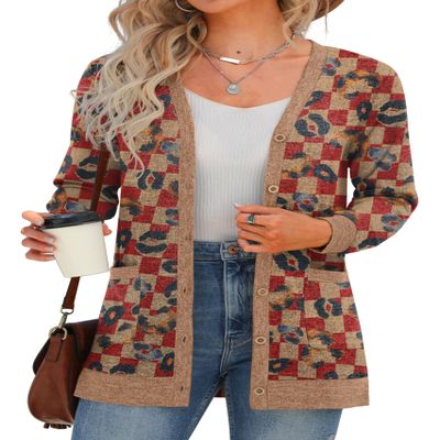 GRECERELLE Women Cardigan Long Sleeve Open Front Button Down V Neck Ribbed Knit Lightweight Sweater Outerwear with Pocket 2XL, Red Pane Lips