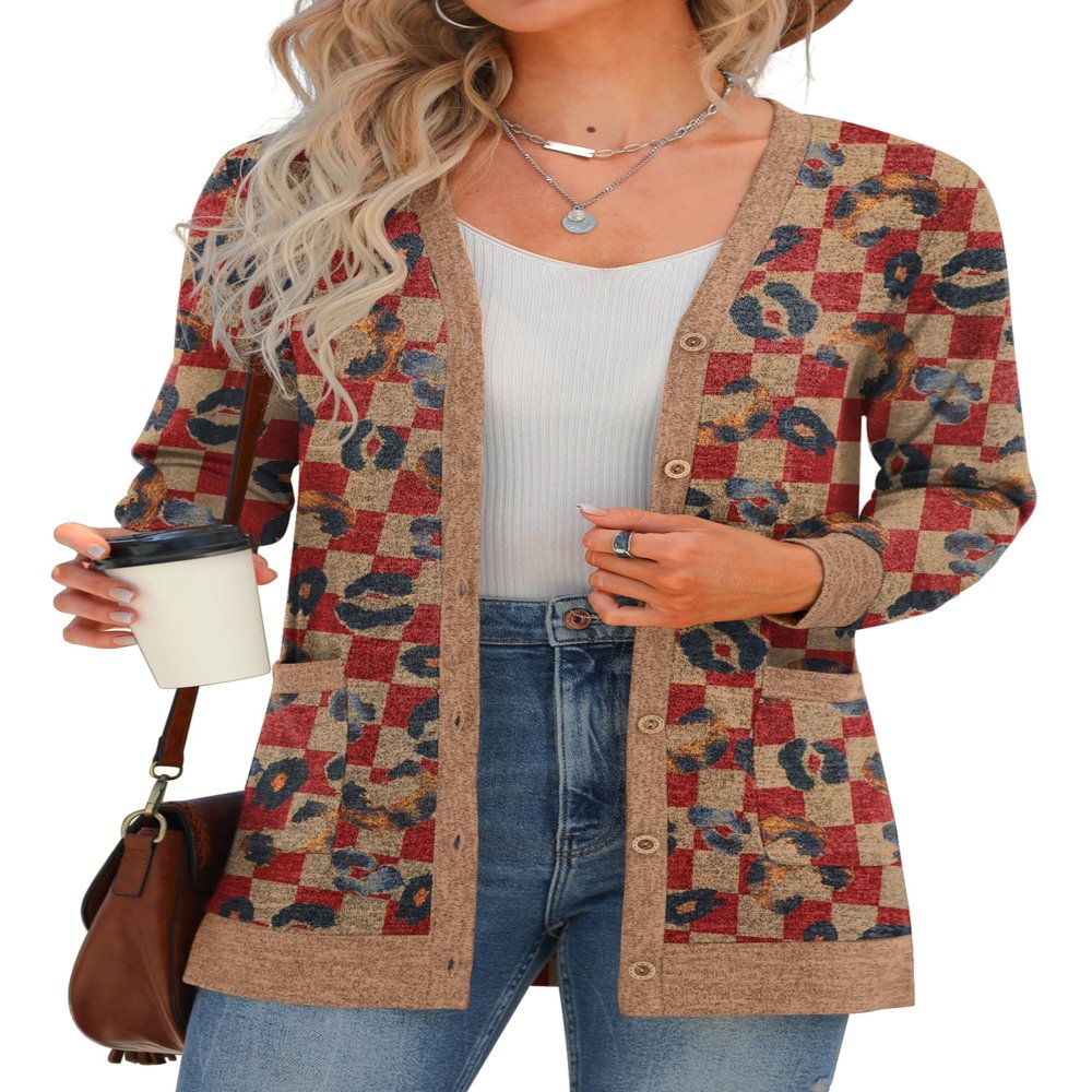 GRECERELLE Women Cardigan Long Sleeve Open Front Button Down V Neck Ribbed Knit Lightweight Sweater Outerwear with Pocket 2XL, Red Pane Lips