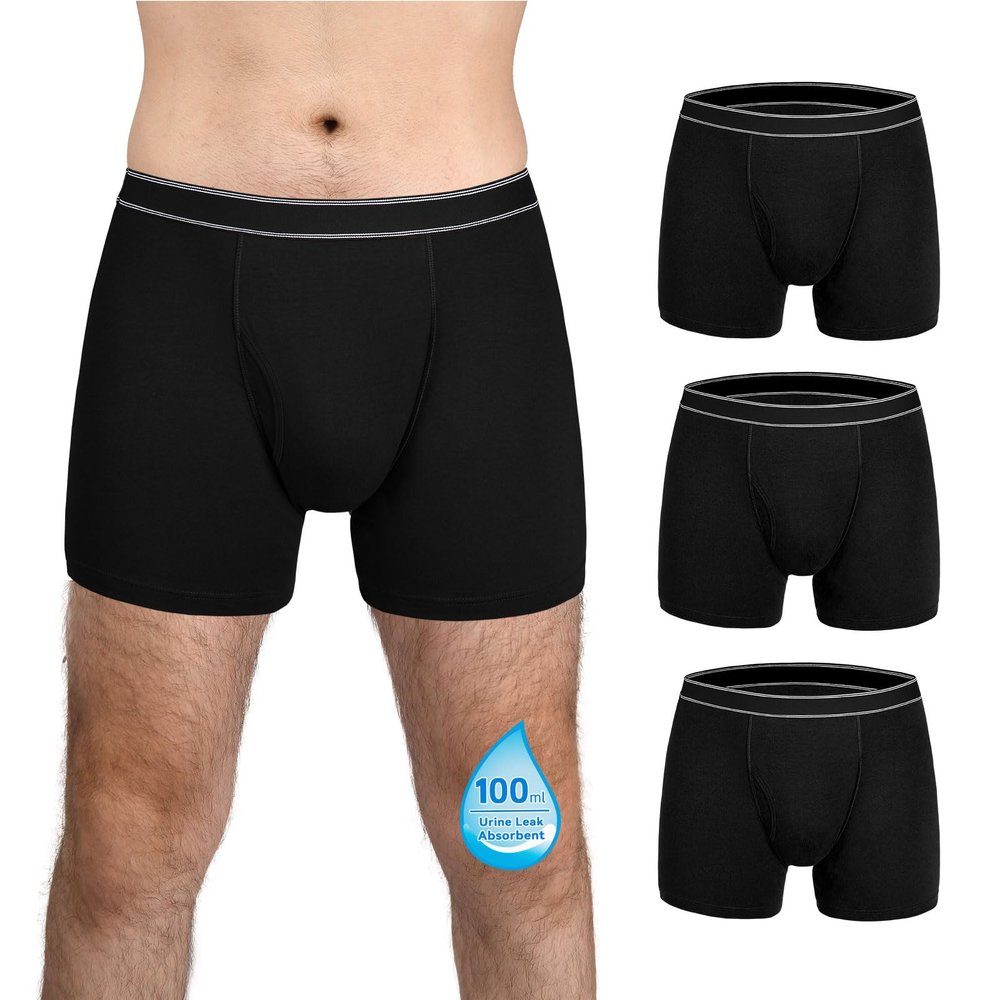 TIICHOO Mens Incontinence Underwear Washable Cotton Incontinence Boxer Briefs with Front Fly 3 Pack (3X-Large, 3 Black)
