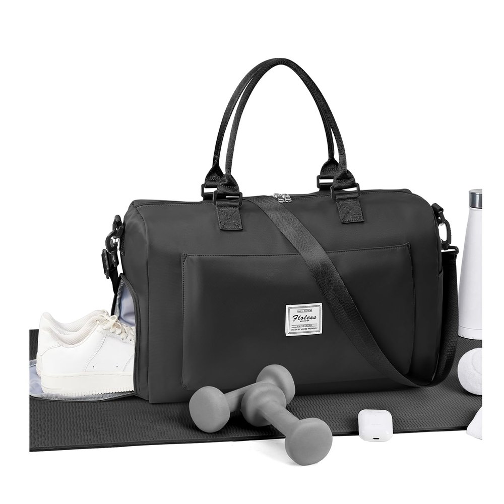Gym Bag for Women Men Duffle Bags for Travel with Shoe Compartment Shoulder Weekender Overnight Carry on Tote Bags for Airplane Beach Bag Workout Yoga Sport Swimming Black