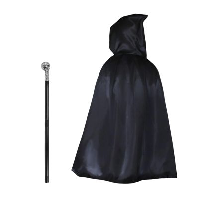 Halloween Hooded Cloak Medieval Hobbit Renaissance Costume Dress Up Party Knight Wizard Cosplay Robe Cape with Wand