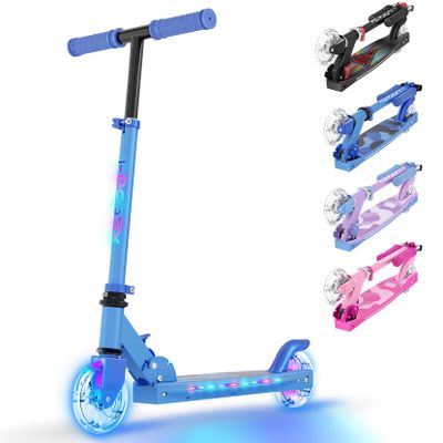 TONBUX Scooters for Kids 5-12, Kids Scooter with Cool Light Up Stem, Wheels, and Deck, 4 Level Adjustable Height Kick Scooter, Foldable and Lightweight Scooter for Kid 8-12, Blue