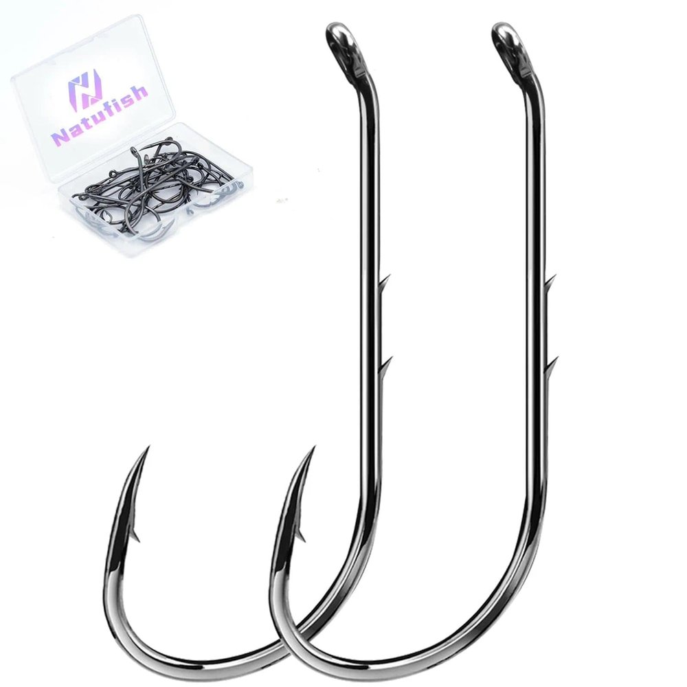 Natufish Baitholder Fishing Hooks 50Pcs Bait Holder Hooks Offset/Double Barbed/Long Shank/Down Eye for Soft Live Baits Saltwater(Size 3/0)