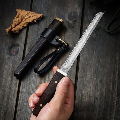 LIUZHANGYU Mini Katana Knife, Damascus Steel Tanto Fixed Blade Knife, Ebony Handle Japanese Sword Letter Opener for Display Collection Gift, Black/silver