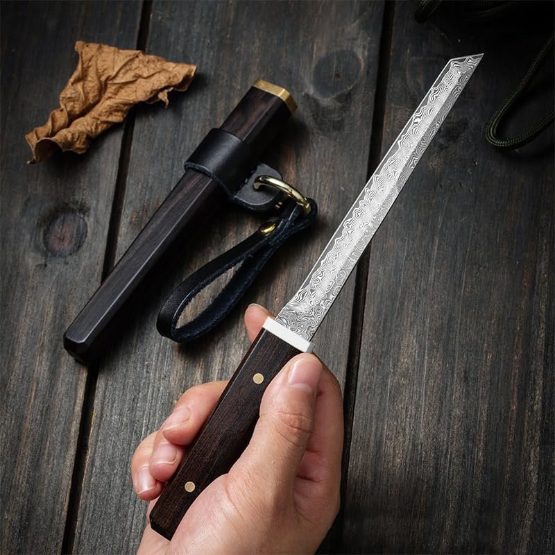 LIUZHANGYU Mini Katana Knife, Damascus Steel Tanto Fixed Blade Knife, Ebony Handle Japanese Sword Letter Opener for Display Collection Gift, Black/silver
