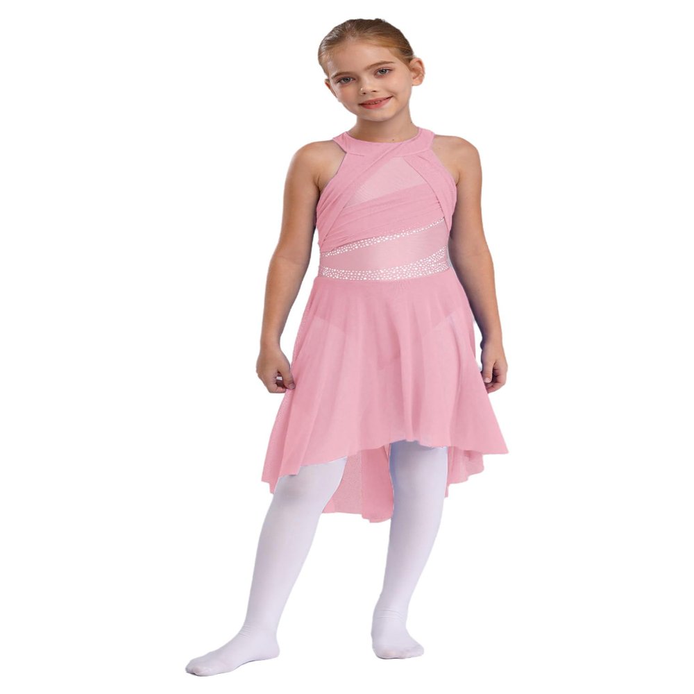 JEATHA Kids Girls Sleeveless Rhinestone Halter Neck Lyrical Dance Dress Ballroom Dancing Prom Party Wear Pink 10 Years