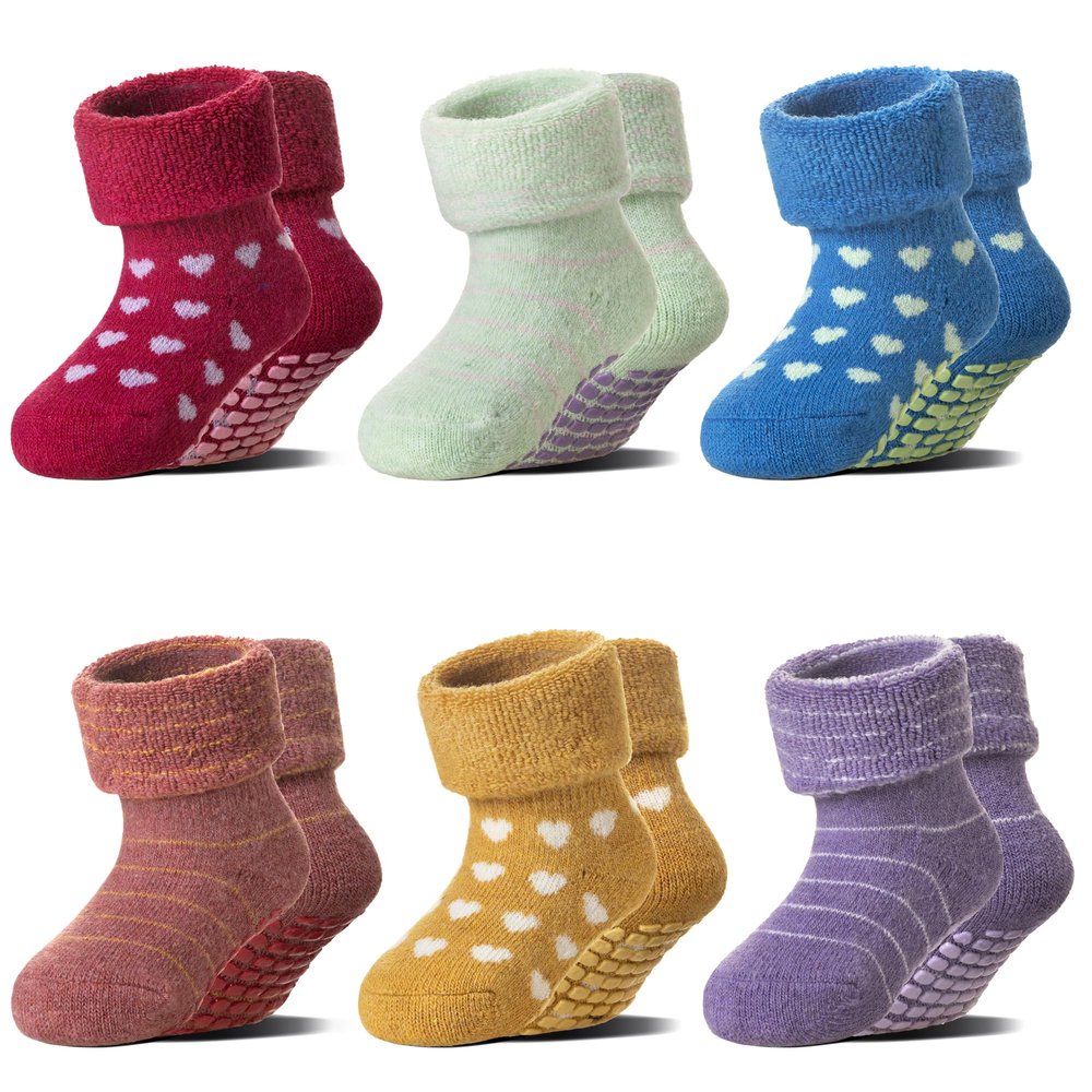 Eocom 6 Pairs Baby Boy Girl Non Slip Socks Child Toddler Winter Thick Soft Wool Kids Warm Socks with Grips(Stripe/Heart, 1-3T)