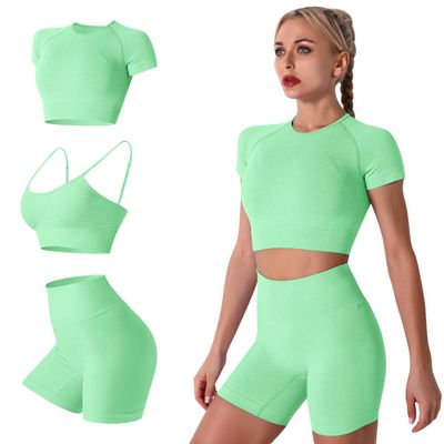 ABEHIK Yoga Outfit for Women 3 Pieces Workout Sets Seamless Sports Bra Casual Tracksuits Short Sleeve Crop Top with High Waisted Running Shorts Activewear Gym Clothes Set Green L