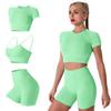 ABEHIK Yoga Outfit for Women 3 Pieces Workout Sets Seamless Sports Bra Casual Tracksuits Short Sleeve Crop Top with High Waisted Running Shorts Activewear Gym Clothes Set Green L view 1