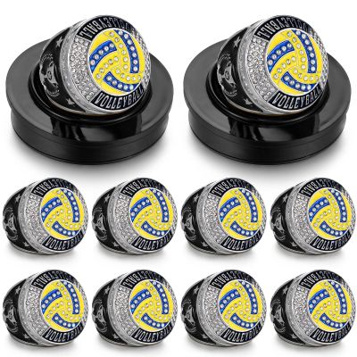 Highergo 10 Pcs Hockey Basketball Baseball MVP Dancer Champion Trophy Ring with Display Stand Star Football Soccer Volleyball Golf Softball Cheerleading Bowling Track Field(Silver,Volleyball)