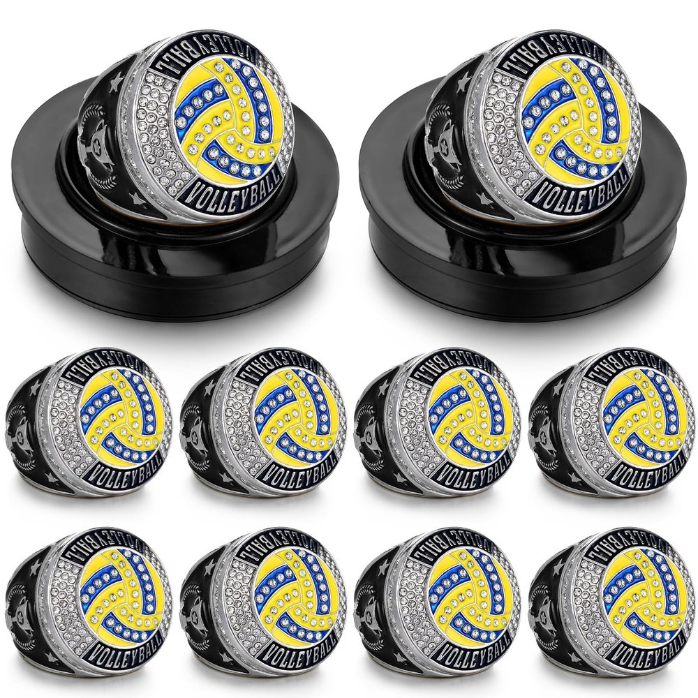 Highergo 10 Pcs Hockey Basketball Baseball MVP Dancer Champion Trophy Ring with Display Stand Star Football Soccer Volleyball Golf Softball Cheerleading Bowling Track Field(Silver,Volleyball)