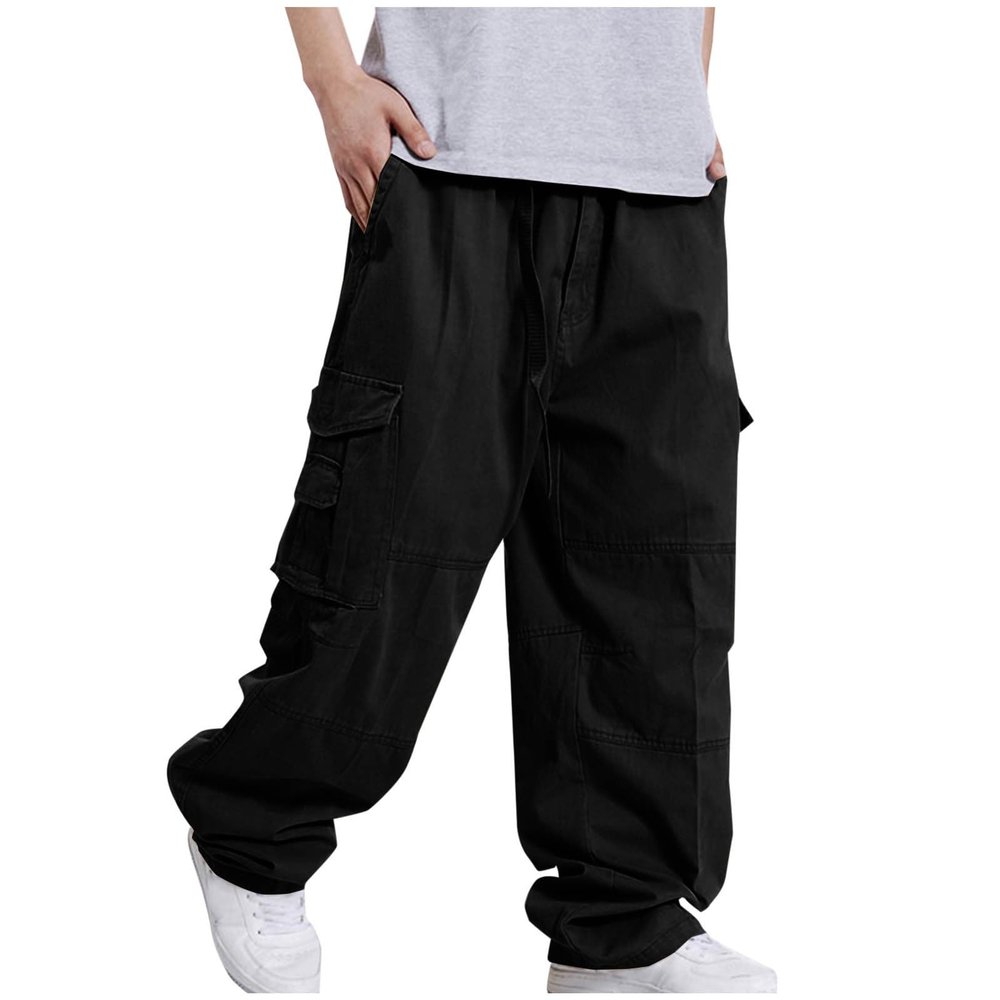 Men Cargo Pants Cotton Loose Solid Elastic Waist Drawstring Straight Sweatpants Outdoor Hiking Streetwear Cargo Pants Black