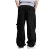 Men Cargo Pants Cotton Loose Solid Elastic Waist Drawstring Straight Sweatpants Outdoor Hiking Streetwear Cargo Pants Black view 3