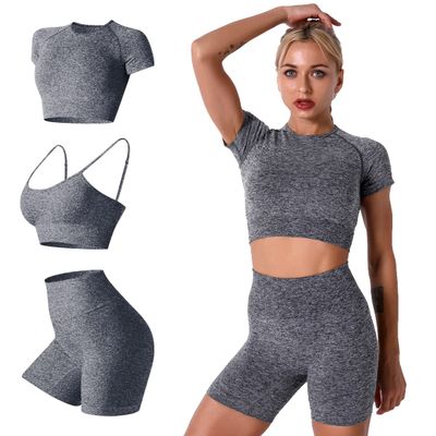 ABEHIK Women Seamless Yoga Workout Outfits 3 Piece Casual Sports Bra Short Sleeve Crop Top with High Waisted Running Leggings Shorts Activewear Tracksuits Gym Clothes Set Gray S