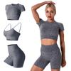 ABEHIK Women Seamless Yoga Workout Outfits 3 Piece Casual Sports Bra Short Sleeve Crop Top with High Waisted Running Leggings Shorts Activewear Tracksuits Gym Clothes Set Gray S view 1