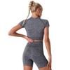 ABEHIK Women Seamless Yoga Workout Outfits 3 Piece Casual Sports Bra Short Sleeve Crop Top with High Waisted Running Leggings Shorts Activewear Tracksuits Gym Clothes Set Gray S view 2