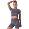 ABEHIK Women Seamless Yoga Workout Outfits 3 Piece Casual Sports Bra Short Sleeve Crop Top with High Waisted Running Leggings Shorts Activewear Tracksuits Gym Clothes Set Gray S view 4