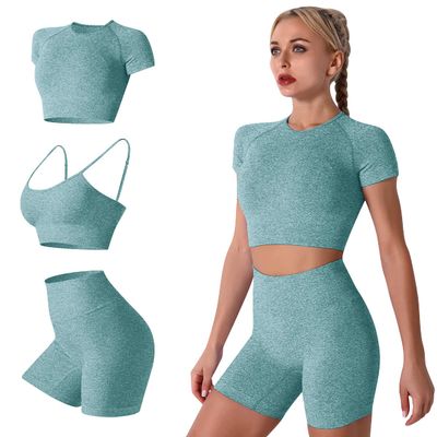 ABEHIK Workout Sets for Women 3 Pieces Yoga Outfit Seamless Sports Bra Casual Exercise Short Sleeve Crop Top with High Waisted Running Shorts Activewear Tracksuits Gym Clothes Set Dark Green L