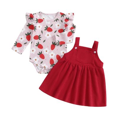 Hnyenmcko Newborn Baby Girl Fall Clothes Ruffle Long Sleeve Floral Ribbed Romper Suspender Skirts Set Infant Winter Outfit (Red, 6-9 Months)