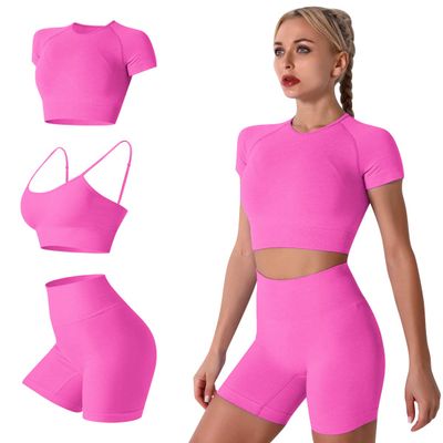 ABEHIK Yoga Outfit for Women 3 Pieces Workout Sets Seamless Sports Bra Casual Tracksuits Short Sleeve Crop Top with High Waisted Running Shorts Activewear Gym Clothes Set Hot Pink L