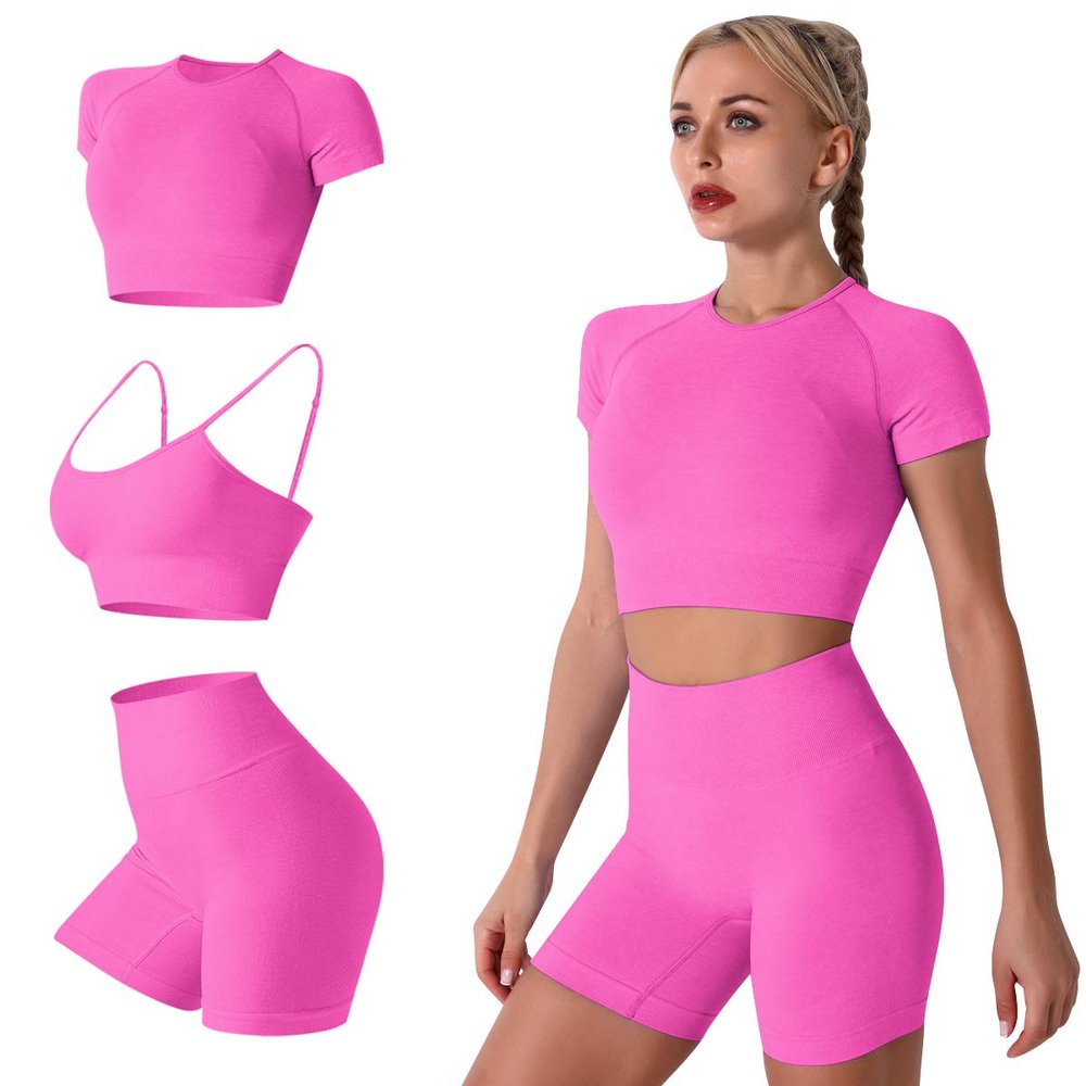 ABEHIK Yoga Outfit for Women 3 Pieces Workout Sets Seamless Sports Bra Casual Tracksuits Short Sleeve Crop Top with High Waisted Running Shorts Activewear Gym Clothes Set Hot Pink L