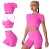 ABEHIK Yoga Outfit for Women 3 Pieces Workout Sets Seamless Sports Bra Casual Tracksuits Short Sleeve Crop Top with High Waisted Running Shorts Activewear Gym Clothes Set Hot Pink L view 1
