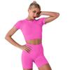 ABEHIK Yoga Outfit for Women 3 Pieces Workout Sets Seamless Sports Bra Casual Tracksuits Short Sleeve Crop Top with High Waisted Running Shorts Activewear Gym Clothes Set Hot Pink L view 2