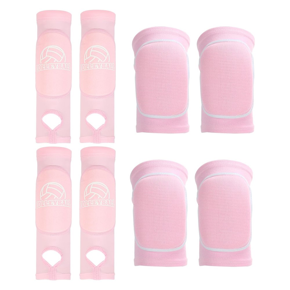 PATIKIL Volleyball Arm Sleeves Knee Pads Set, 4 Pairs Passing Forearm Knee Sleeve with Protection Pads Thumbhole Volleyball Arm Pad for Teenagers Men Women, (5.7-inch/5.5-inch Pink)
