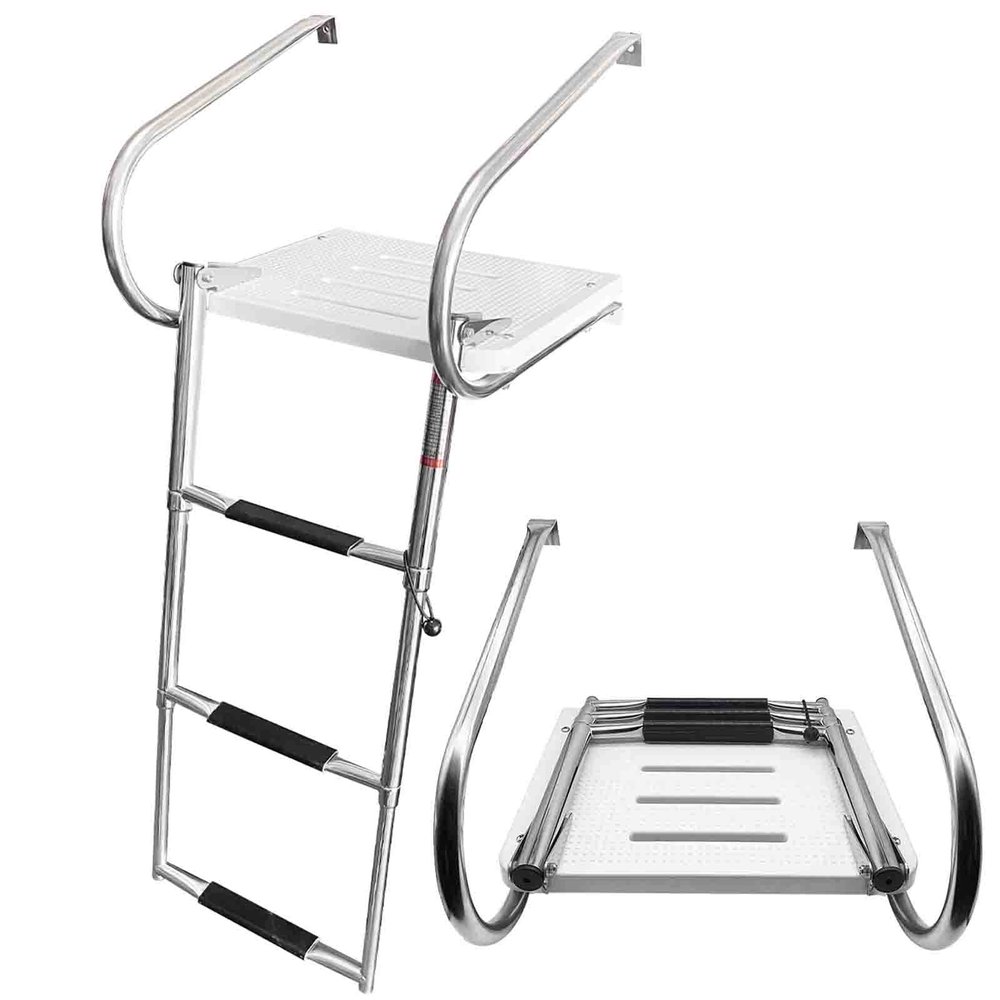3-Step Swim Platform Folding Boat Ladder, 316 Stainless Steel Telescoping Dock Ladders - Electro-Polished Rails with 2/3 Anti-Slip Footsteps for Boats Marines Ships Yachts
