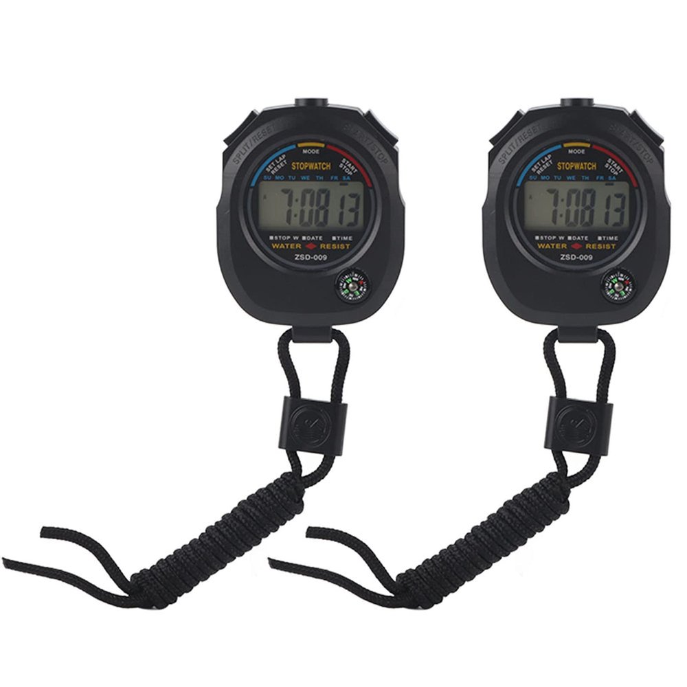 Digital LCD Stopwatch Timer, 2-Pack, Sports Timer with Calendar and Alarm Display for Racing, Running, Swimming